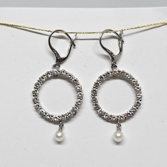 Premier Designs 925 Sterling Silver CZ Crystal Pearl Dangle Earrings Circle - Picture 10 of 12